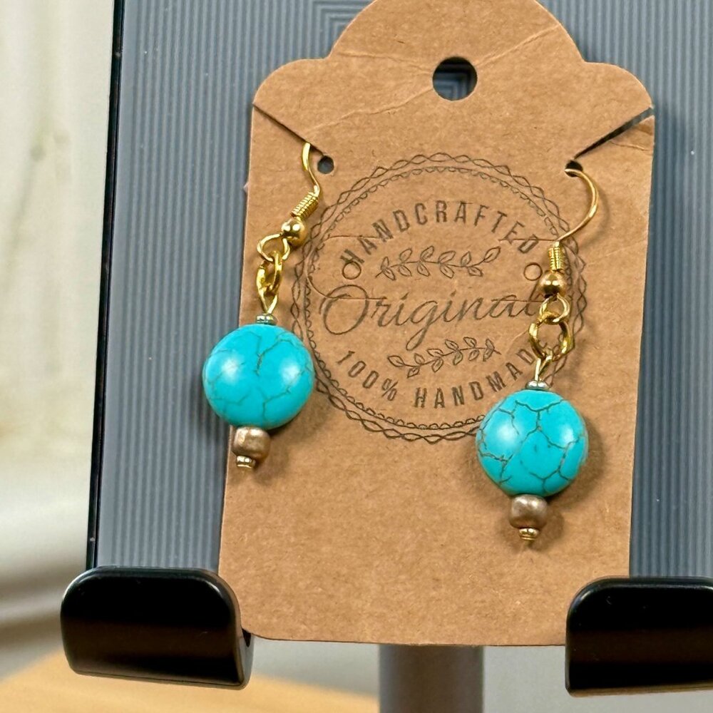 Turquoise Blue Dangly Gold Earrings Handcrafted Handmade Boho Coastal Cowgirl